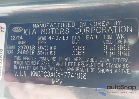 2015 Kia Sportage Ex z USA, uszkodzony, nr VIN KNDPC3ACXF7741918